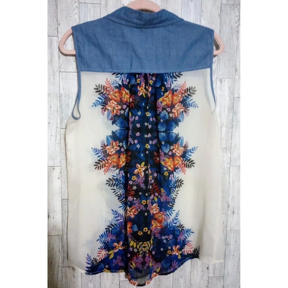 Style & Co Blouse Sheer Sleeveless Button Up Tunic Tank Top Floral Size Large - Picture 2 of 4